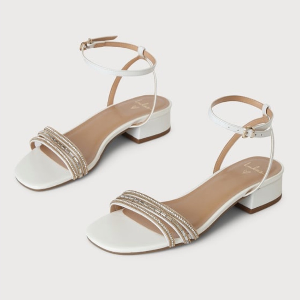 Lulus Luzia white leather rhinestone ankle strap sandal
